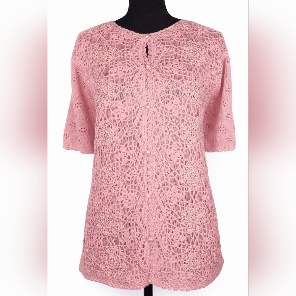 Jody of California L Pink Crochet Lace Cardigan Sweater Pearl Button Top